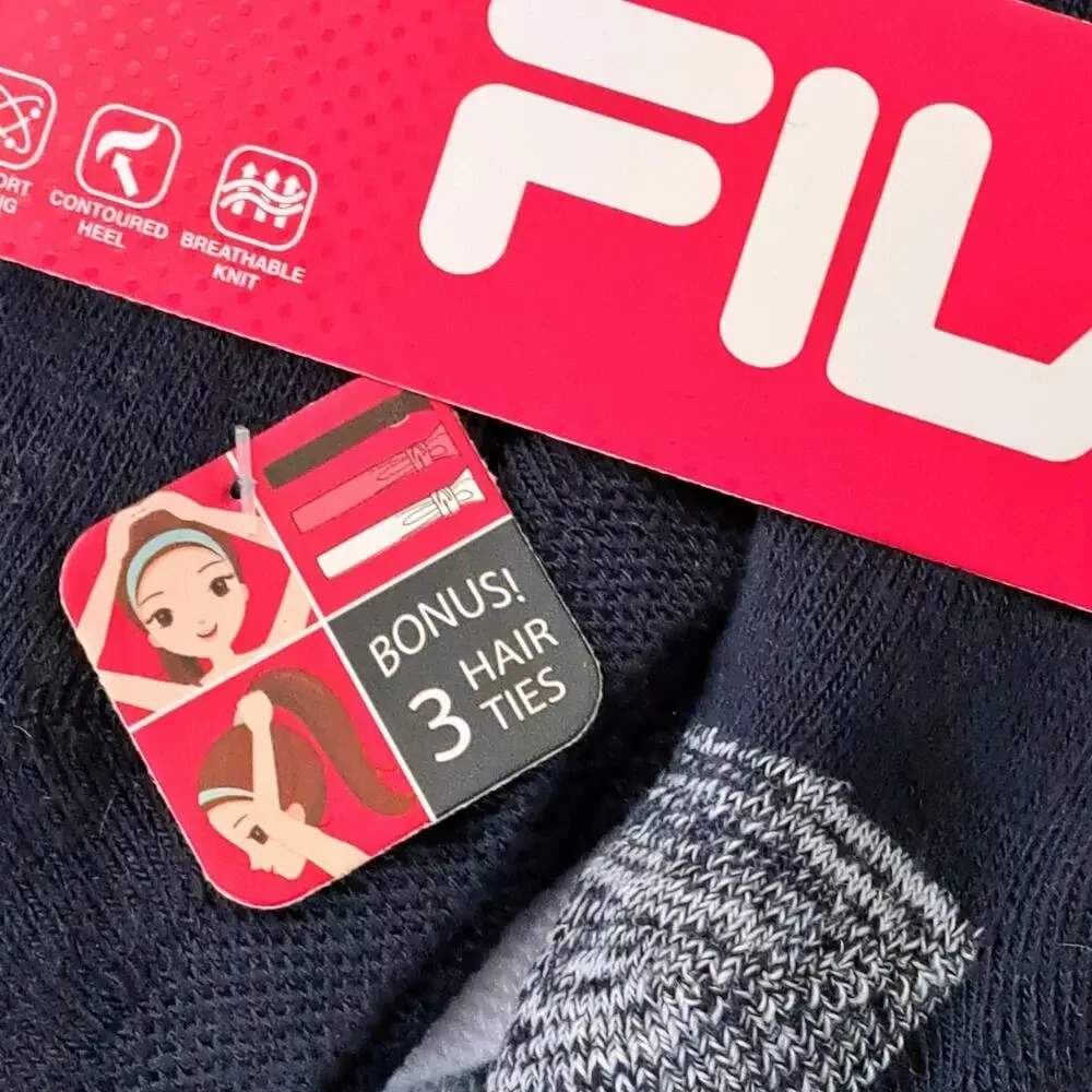 NWT Fila 10 Pairs Comfort Knit Soft Socks Bonus 3 Hair Ties Girls 7 to 10 Shoe